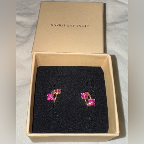 Stone & Strand 10k Gold Ruby Double Flower Huggies Floral Earrings - Picture 2 of 5